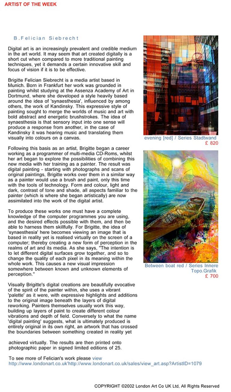 B.Felician Siebrecht is artist of the week at the LondonArt Gallery, LondonArt magazine, 27.11.2006